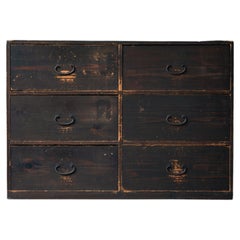 19th C Meiji Japanese Antique Black Tansu Chest with 6 Drawers