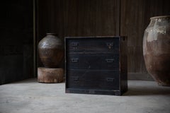 19th C Edo Japanese Antique Sugi Cedar Black Urushi lacquered Tansu chest