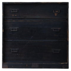 19th C Edo Japanese Antique Sugi Cedar Black Urushi lacquered Tansu chest