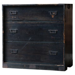 19th C Edo Japanese Antique Sugi Cedar Black Urushi lacquered Tansu chest
