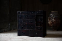 19th C Edo Japanese Antique Keyaki & Cedar black Urushi Tansu chest of drawers