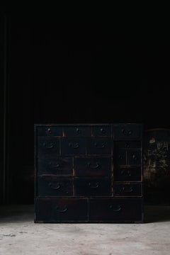 19th C Edo Japanese Antique Keyaki & Cedar black Urushi Tansu chest of drawers