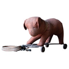 Japanese Antique Stuffed Dog Toy on Iron Wheels with Leash, c. 1910s–1930s