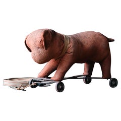 Japanese Antique Stuffed Dog Toy on Iron Wheels with Leash, c. 1910s–1930s