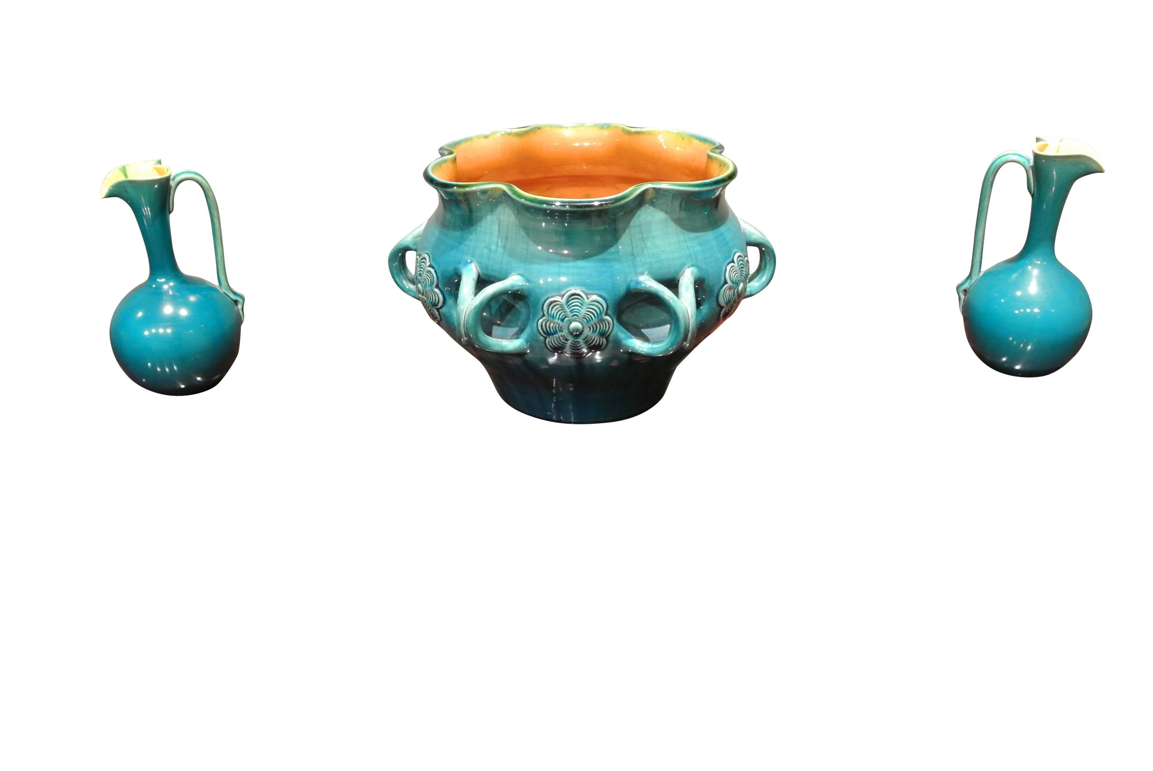 Beautiful 19th century Art Nouveau turquoise planter by Linthorpe Pottery.
 