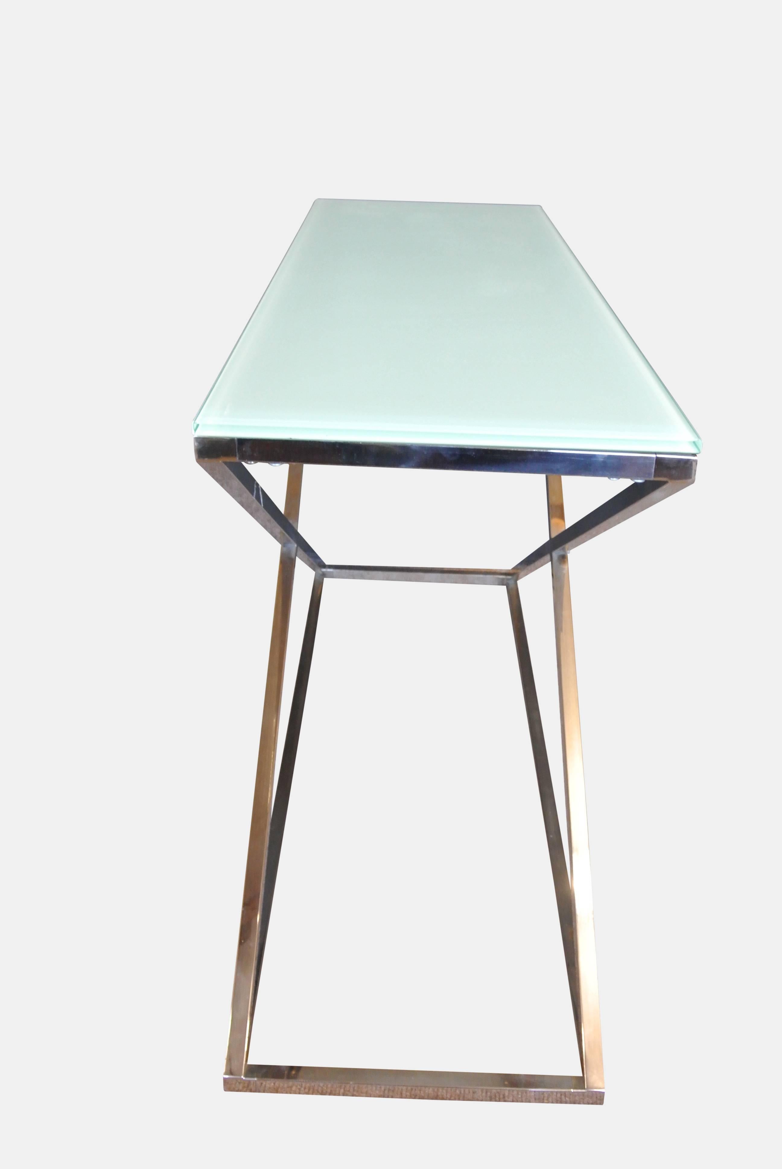 A Modern Eicholtz criss cross stainless steel console table with opaque tempered glass top, as new.