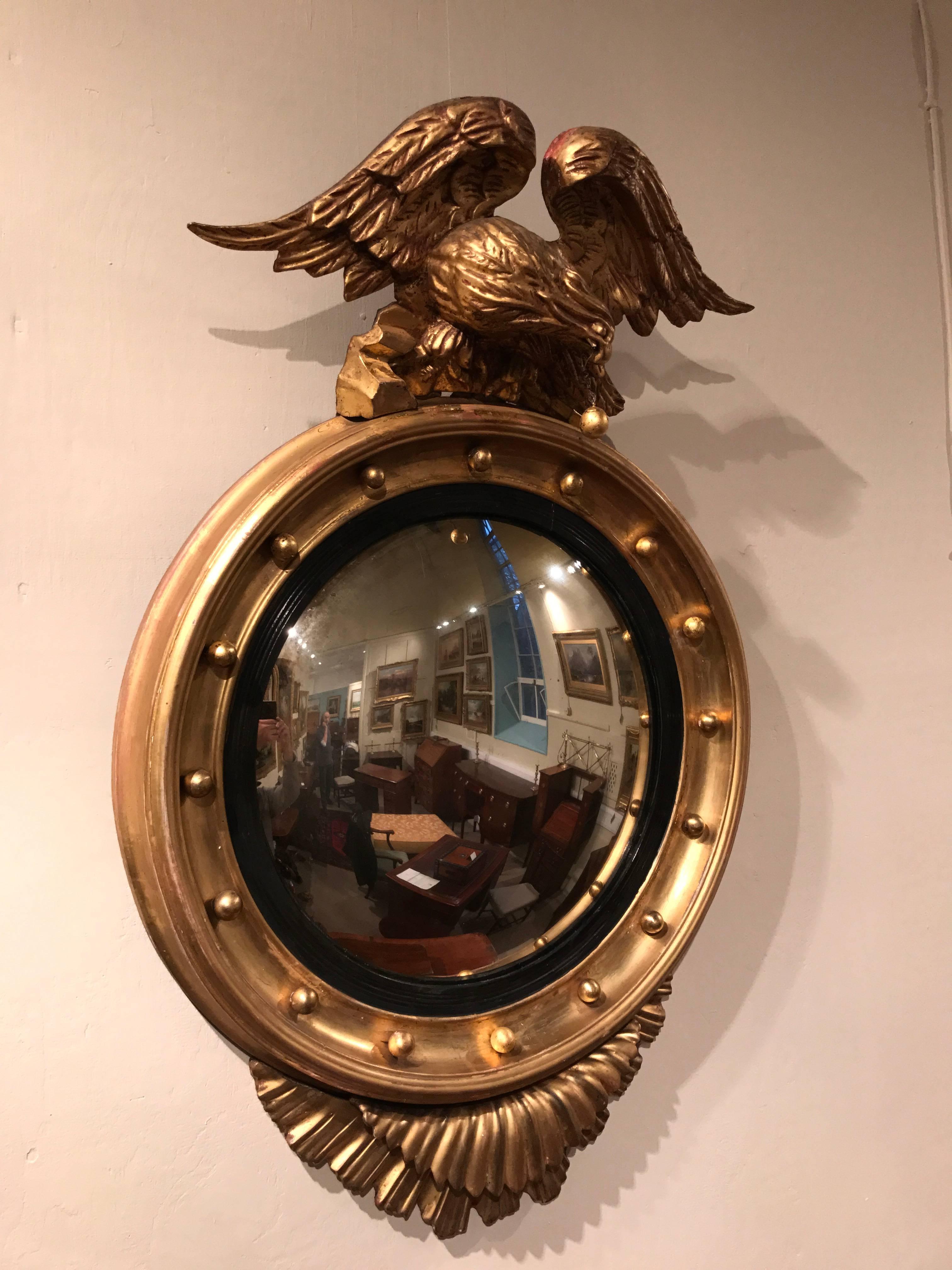Regency 19th Century Eagle Crested Convex Gilt Mirror