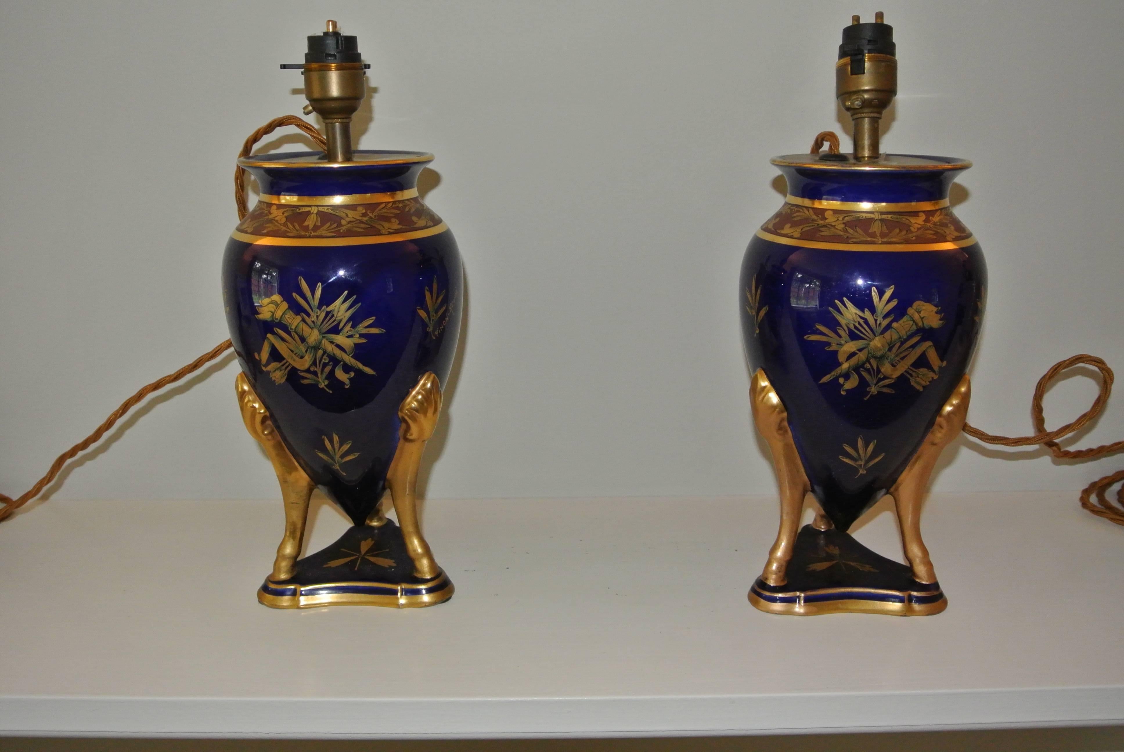 Gilt Pair of French Art Deco Faience Vase Lamps