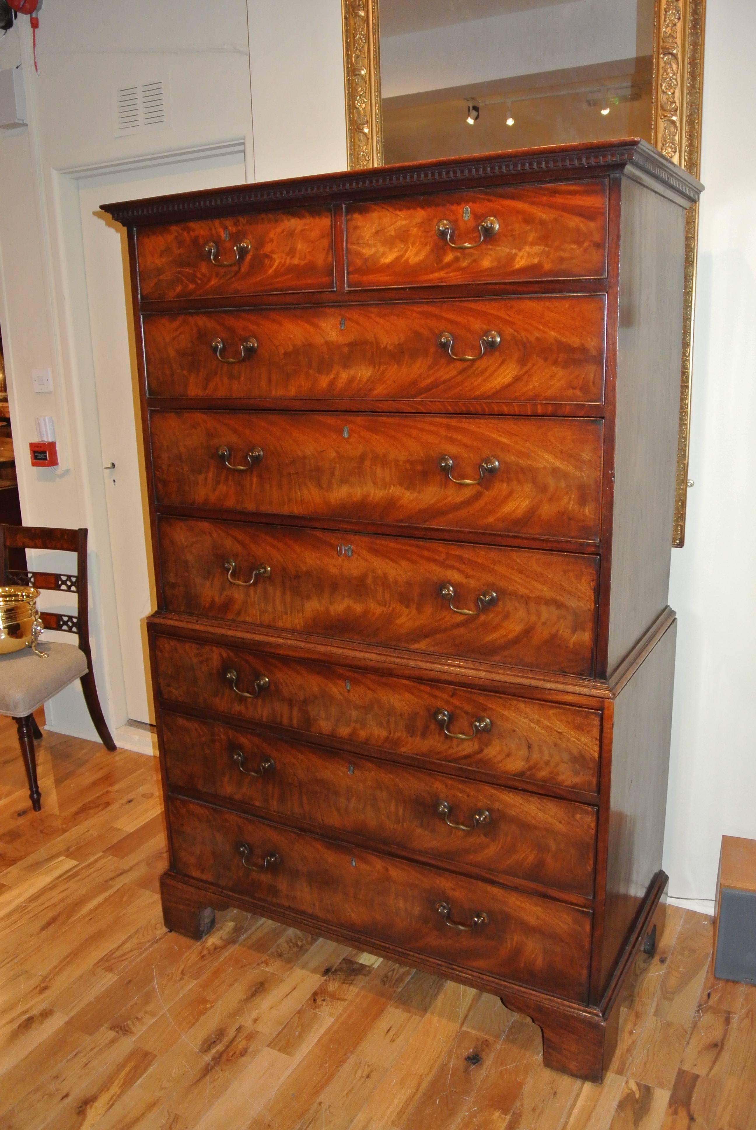 Flame mahogany tallboy of good proportions and colour with original brass escutcheons and swan neck handles, standing on bracket feet, all features original to the piece. Attributed to thomas chippendale the younger.