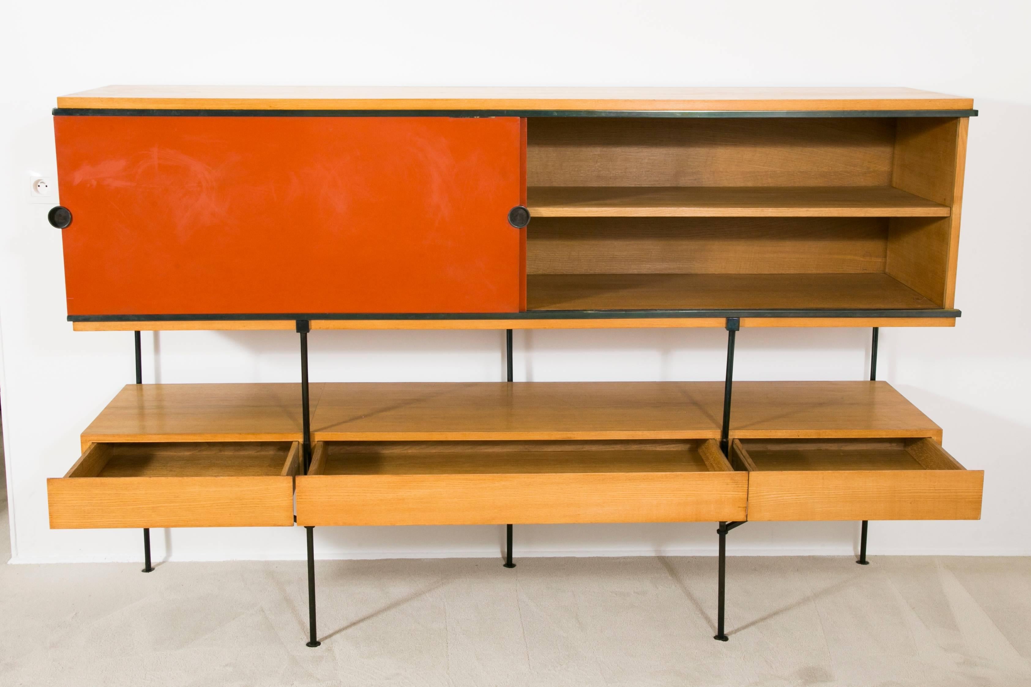 French '50s unique Maxime Old Sideboard in metal, bronze and ash veneer  For Sale