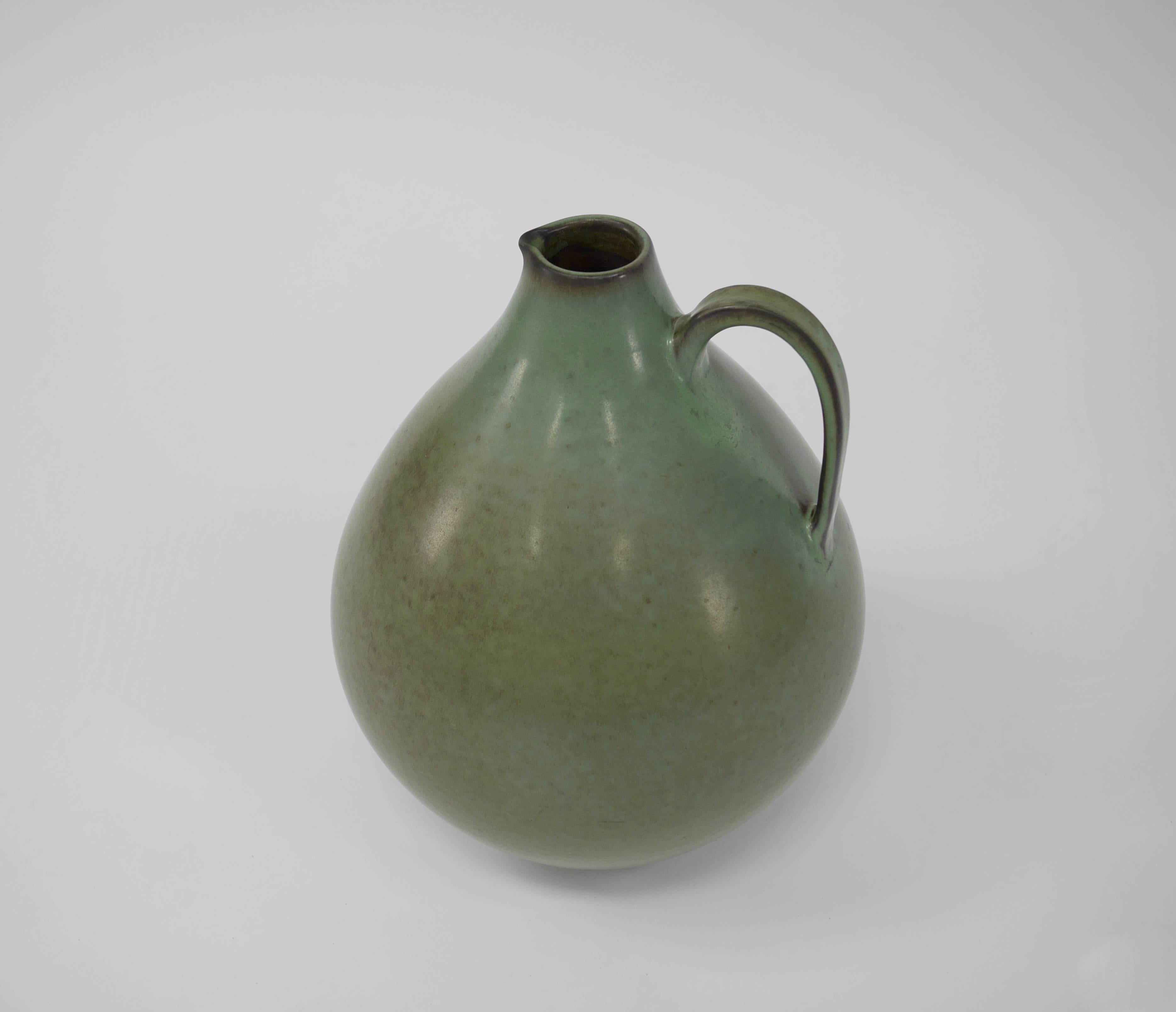 Very large, Ewer Green ceramic vessel, Danish Modern, mid-20th century by Knabstrup Pottery Fabric. Measures: 21