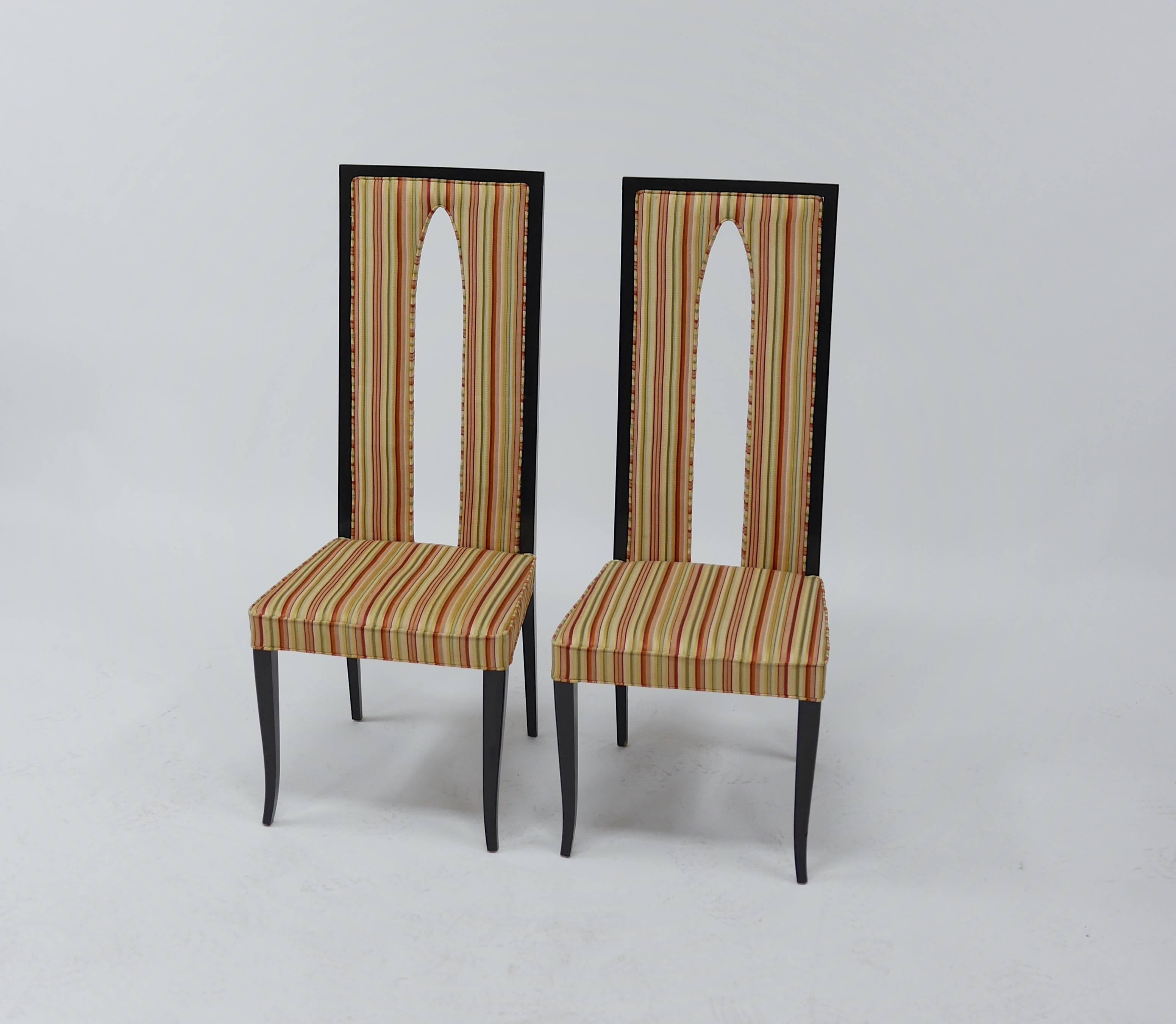 Pair of Italian high back sabre leg chairs in the manner of Gio Ponti. Marked 