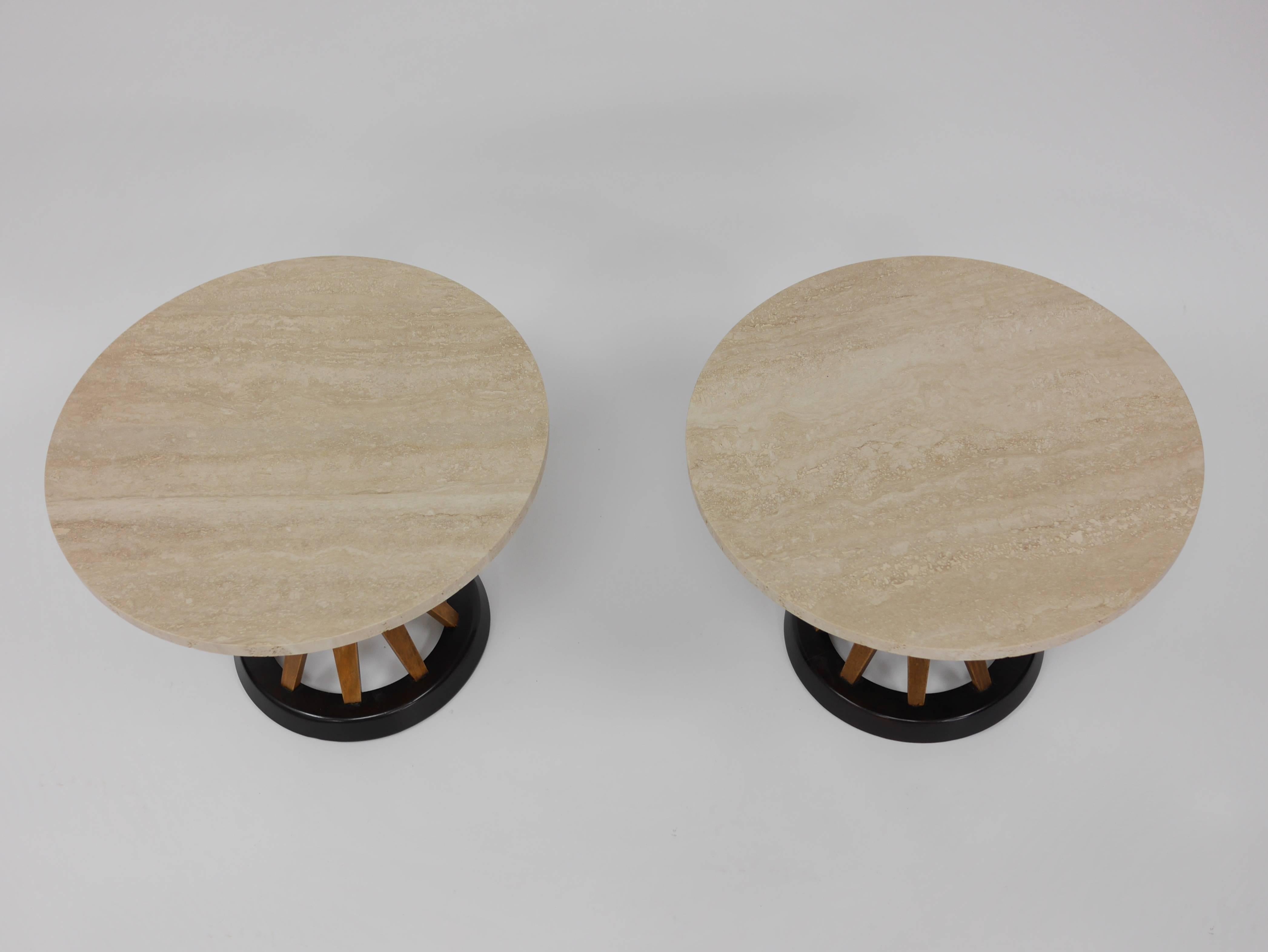 Pair of sheaf of wheat side tables by Edward Wormley for Dunbar. Having honed, matched Travertine tops and two tone Mahogany bases. Recent professional restoration.

Note: One table 15