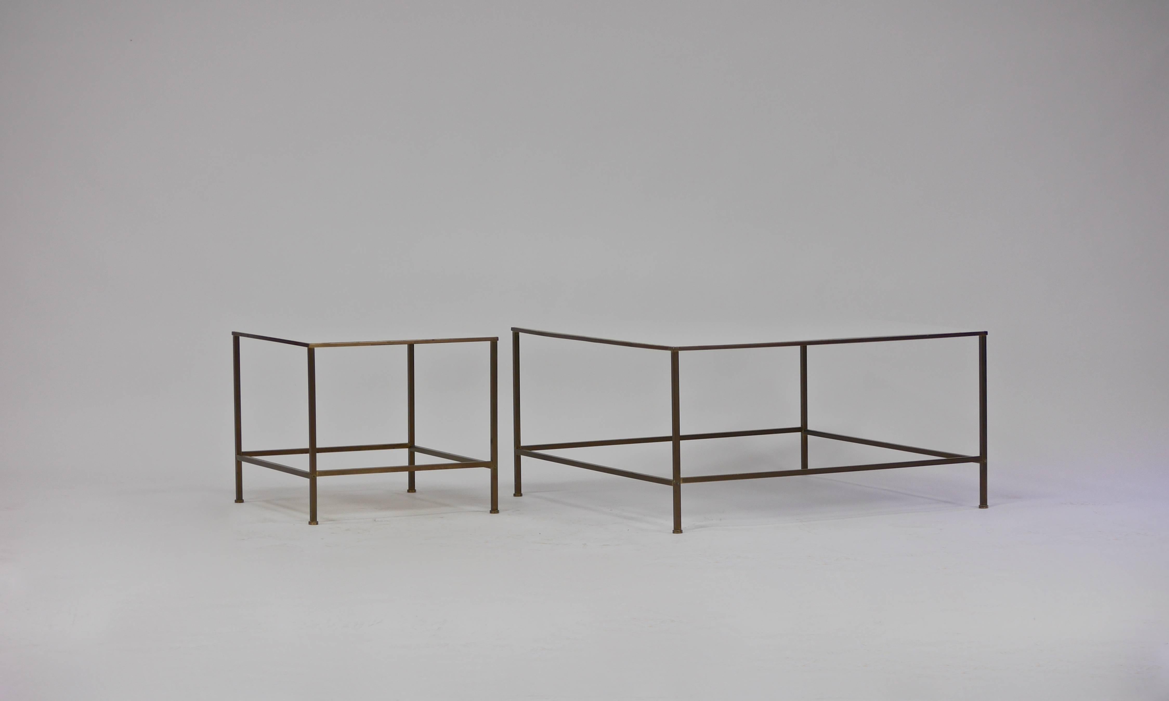 Mid-20th Century Pair of Brass and Vitrolite Cocktail Tables in the Manner of Paul McCobb For Sale