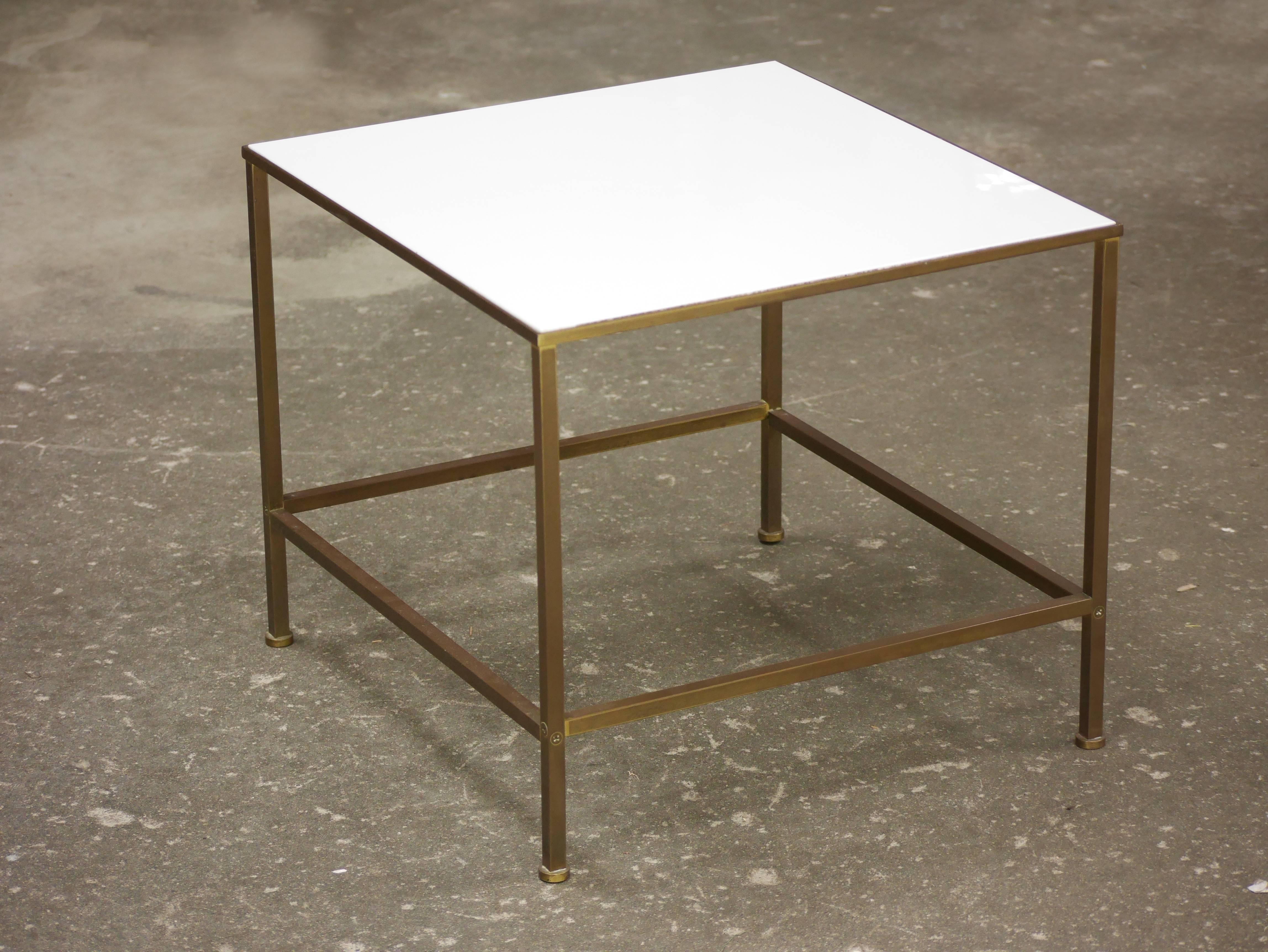 Mid-Century Modern Pair of Brass and Vitrolite Cocktail Tables in the Manner of Paul McCobb For Sale