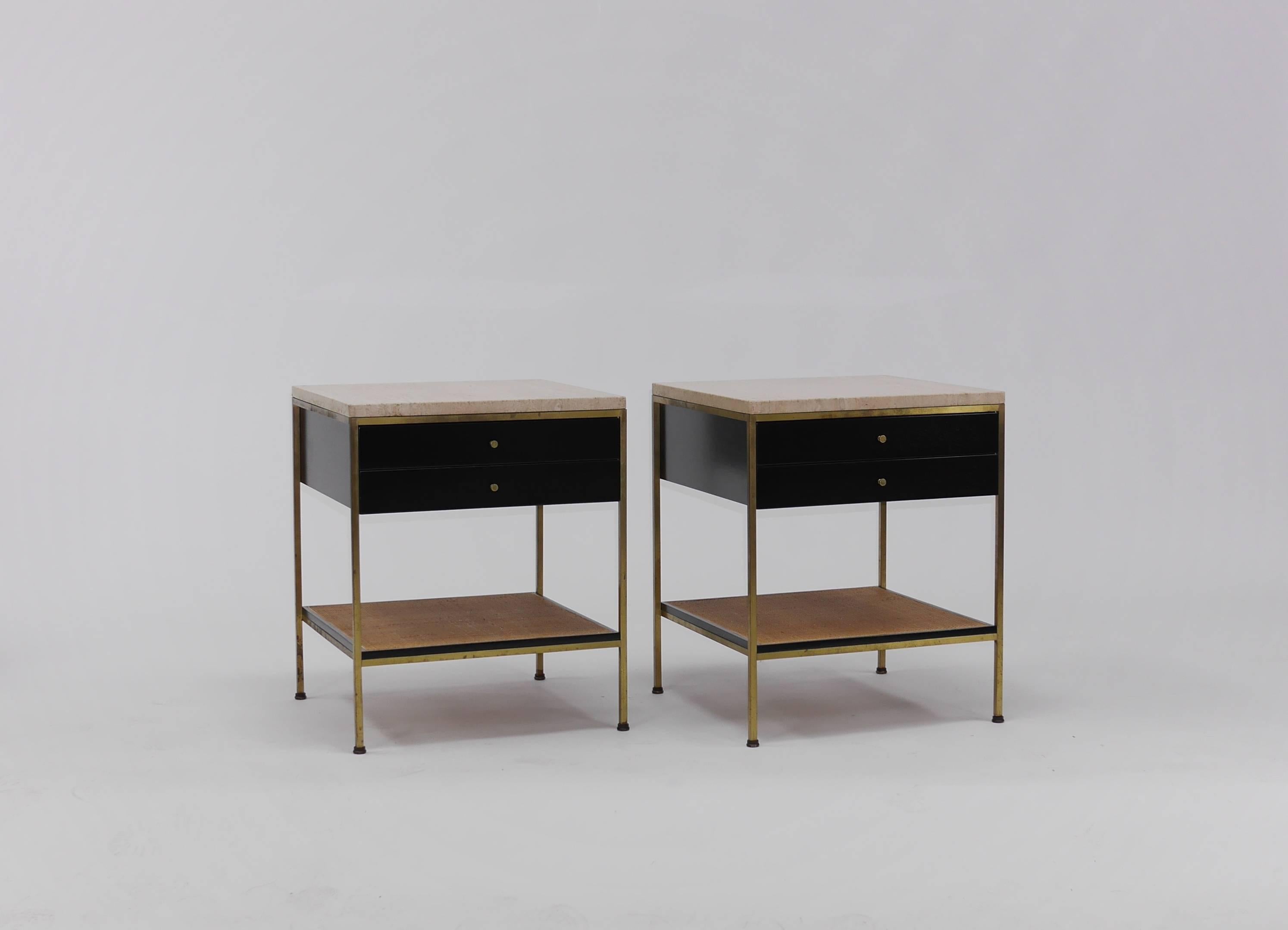 Mid-Century Modern Pair of Paul McCobb Irwin Collection Brass Nightstands with Travertine Tops