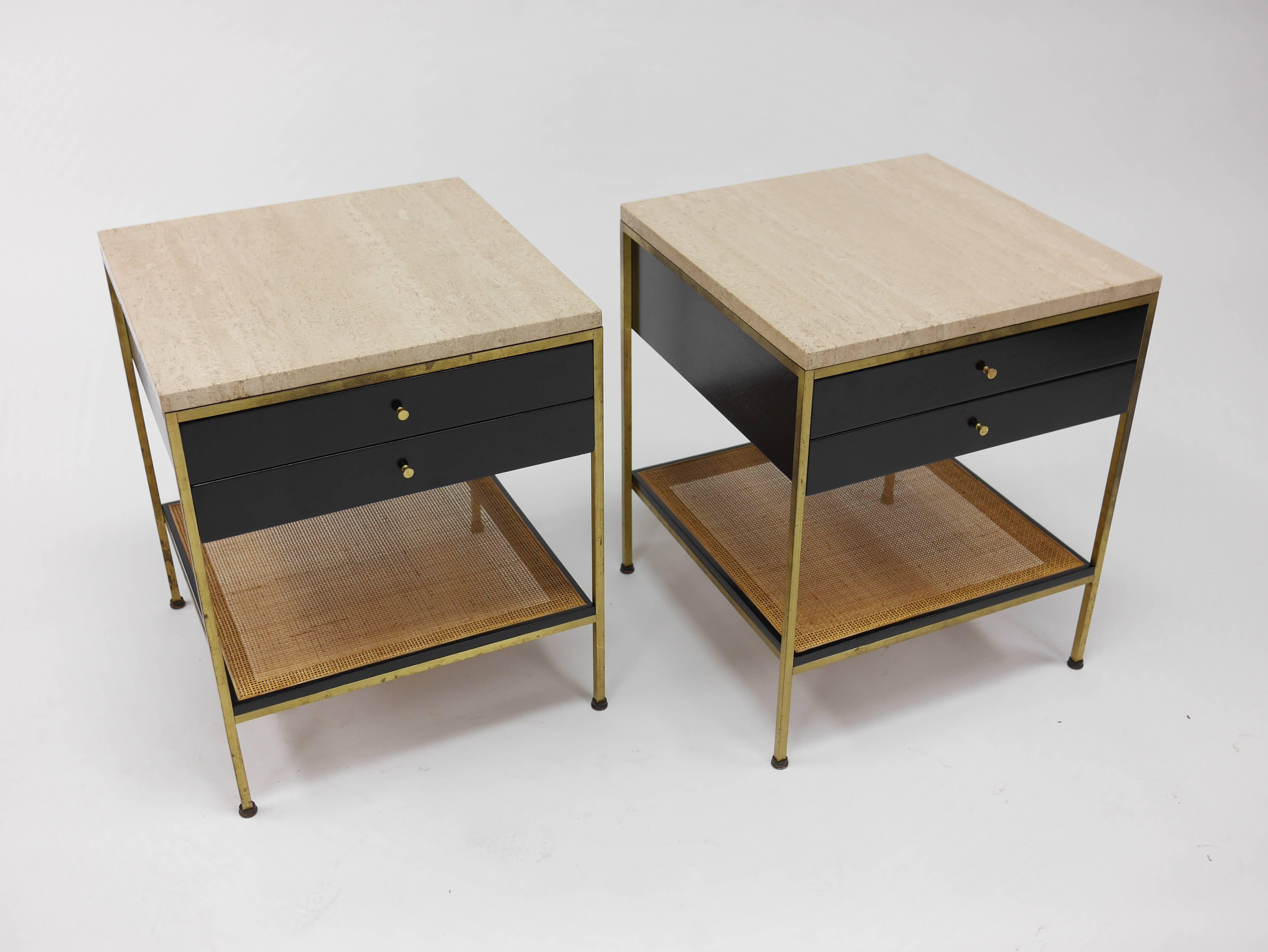 Pair of Paul McCobb Irwin Collection Brass Nightstands with Travertine Tops In Excellent Condition In Hadley, MA