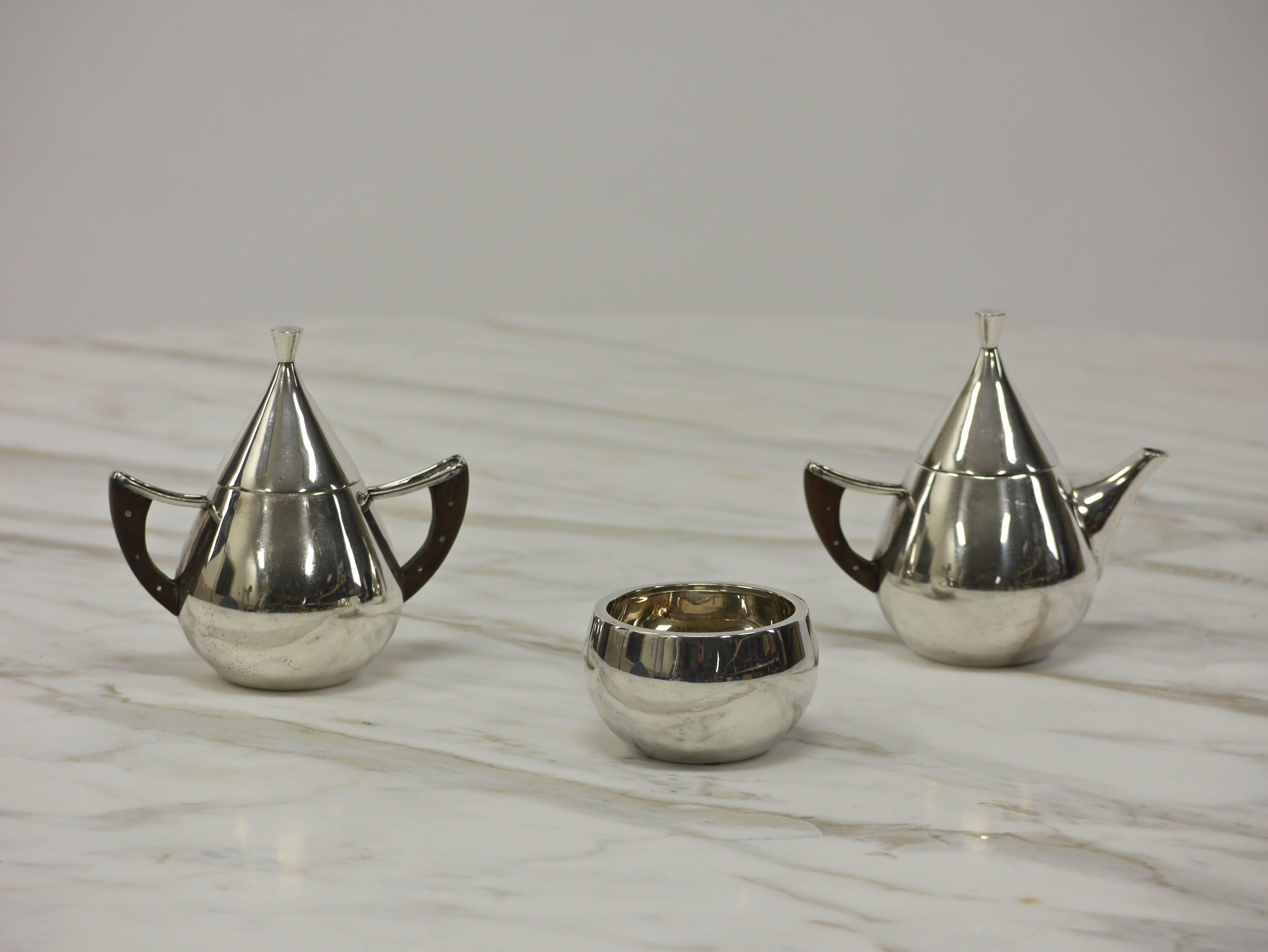 Mid-Century Sterling and Rosewood Tea Service by Bernice Goodspeed In Good Condition For Sale In Hadley, MA