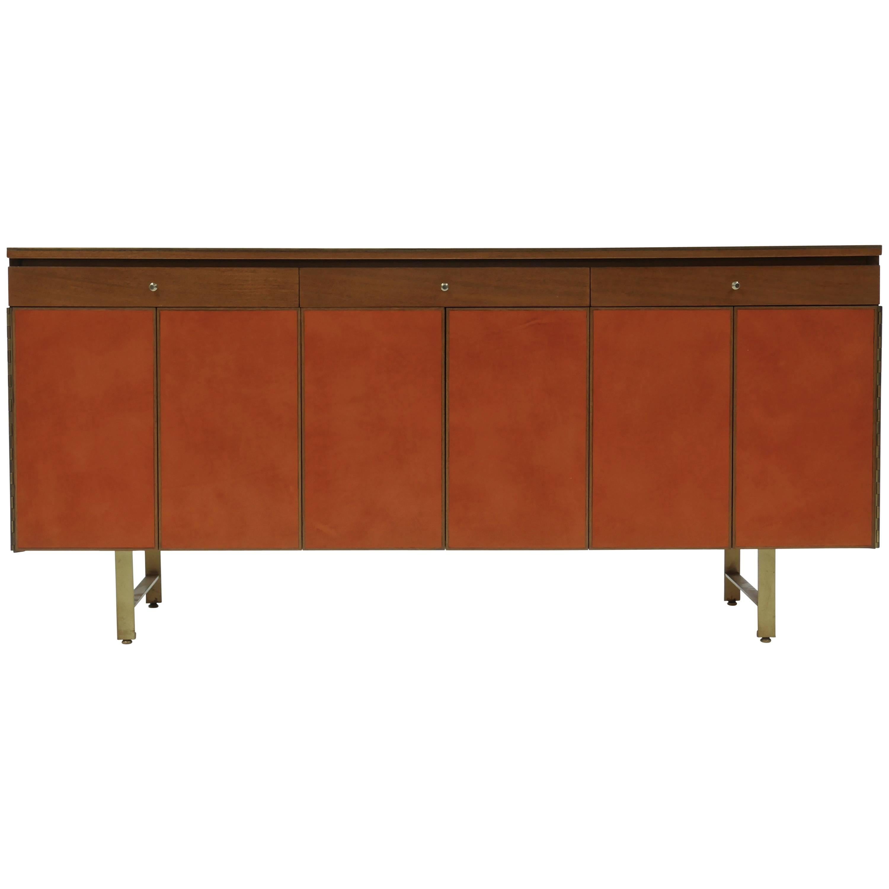 Credenza in Orange Leather and Mahogany by Paul McCobb for Calvin For Sale