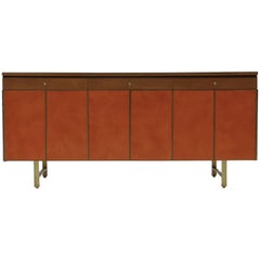 Vintage Credenza in Orange Leather and Mahogany by Paul McCobb for Calvin