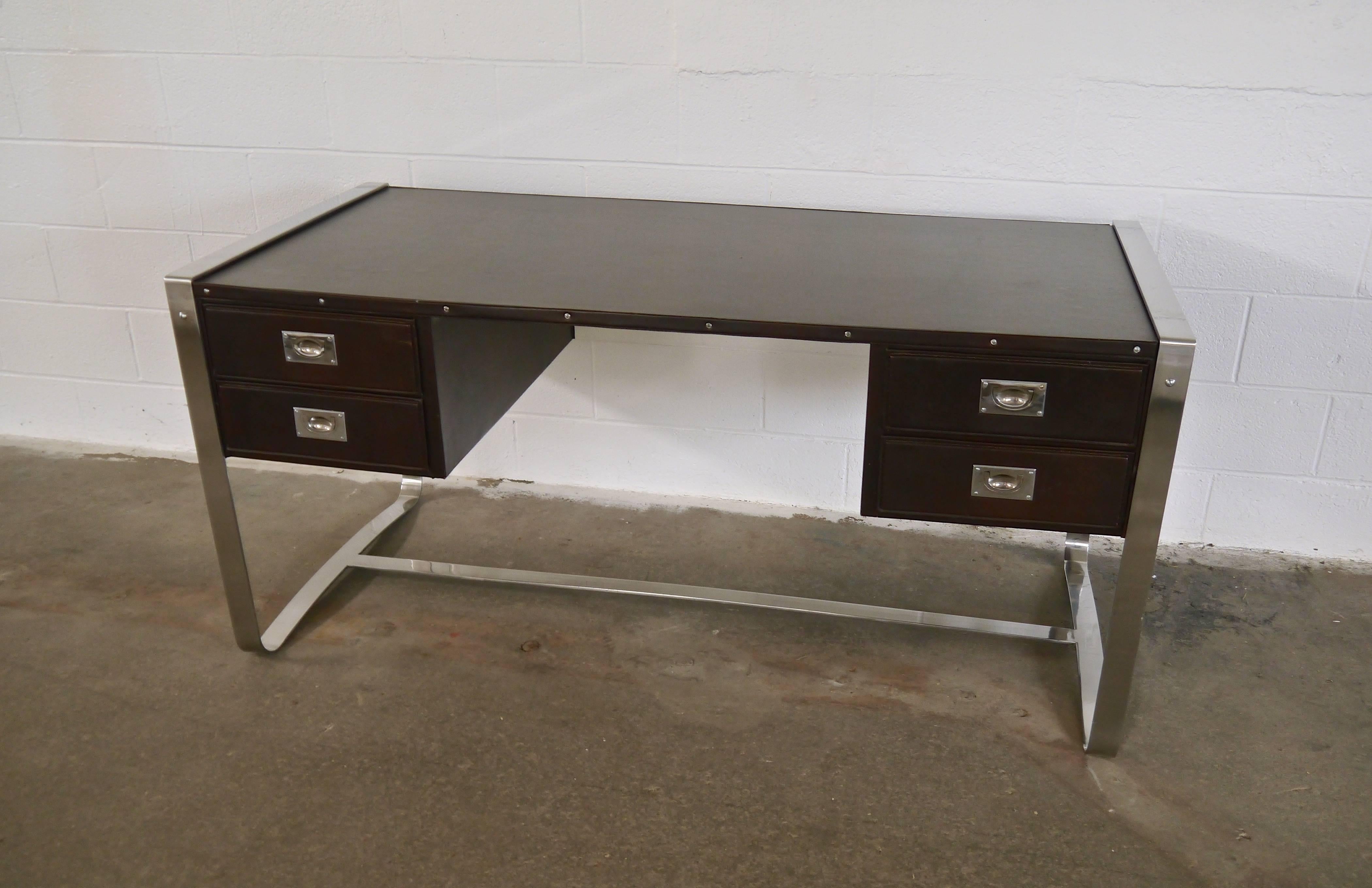 Stainless Steel Desk in Leather and Steel by Jacques Adnet For Sale
