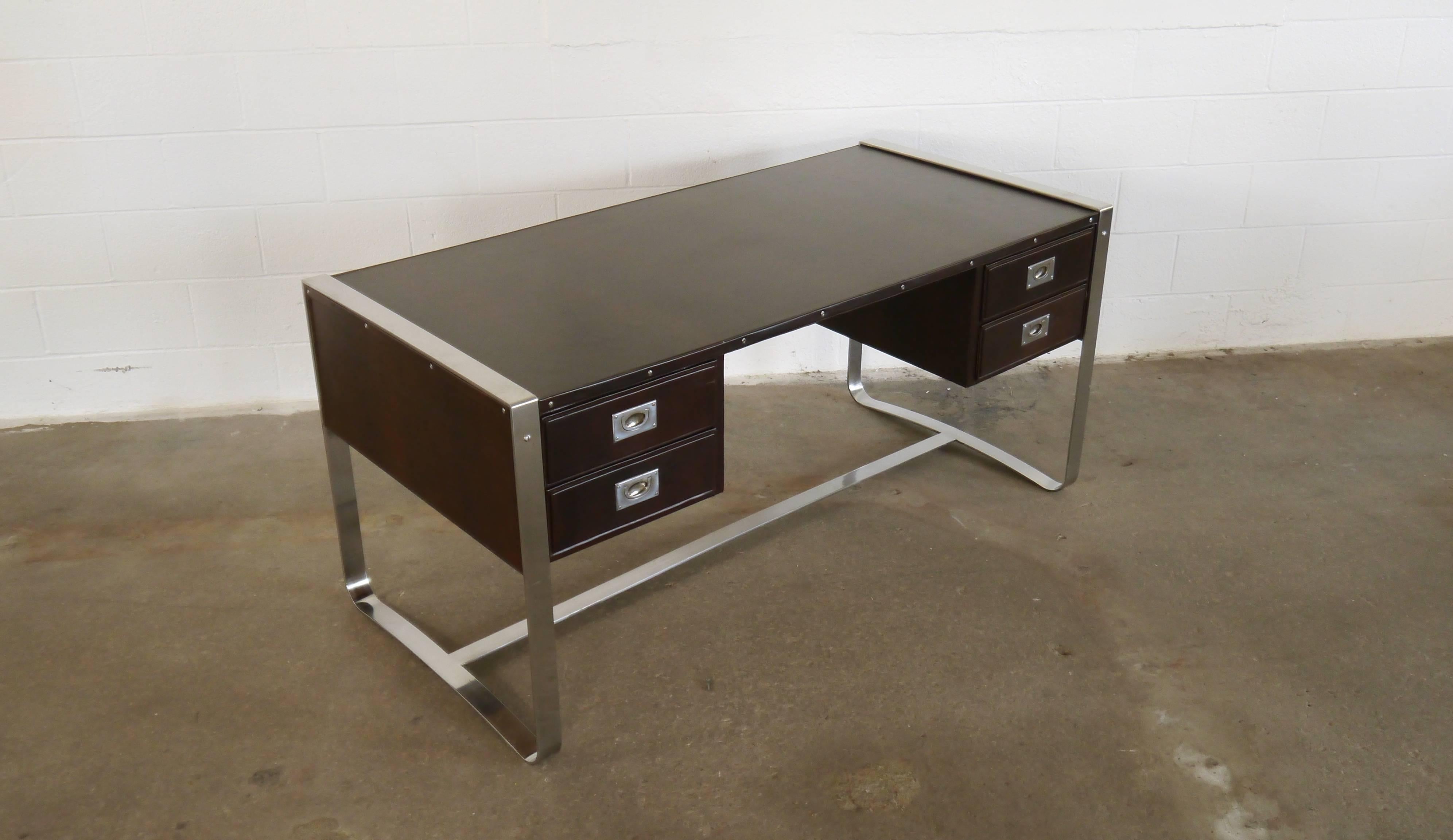 French Desk in Leather and Steel by Jacques Adnet For Sale