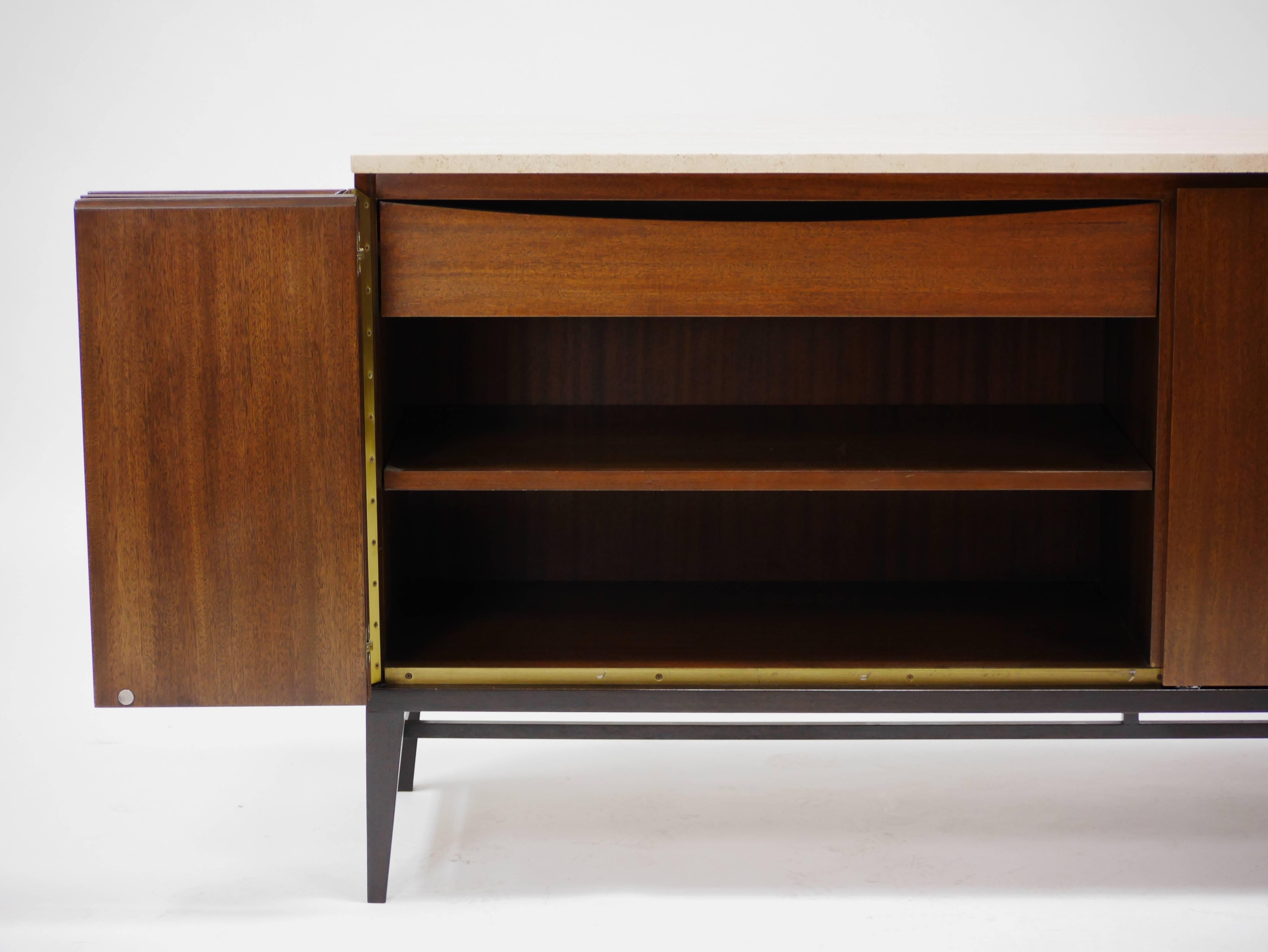 Mid-Century Modern Pair of Paul McCobb Irwin Collection Mahogany and Travertine Credenzas