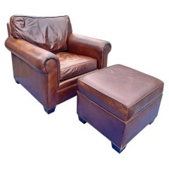Set vintage composto da poltrona e pouf in pelle in stile Restoration Hardware