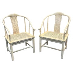 Vintage Henredon Asian Style Faux Goatskin Laquer Side of Accent Chairs a Pair