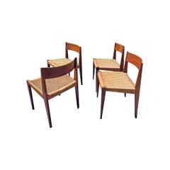 Vintage Teak Danish Dining Chairs With Rattan Paper Cord Rope Seating Set of 4