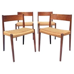 Vintage Teak Danish Dining Chairs With Rattan Paper Cord Rope Seating Set of 4