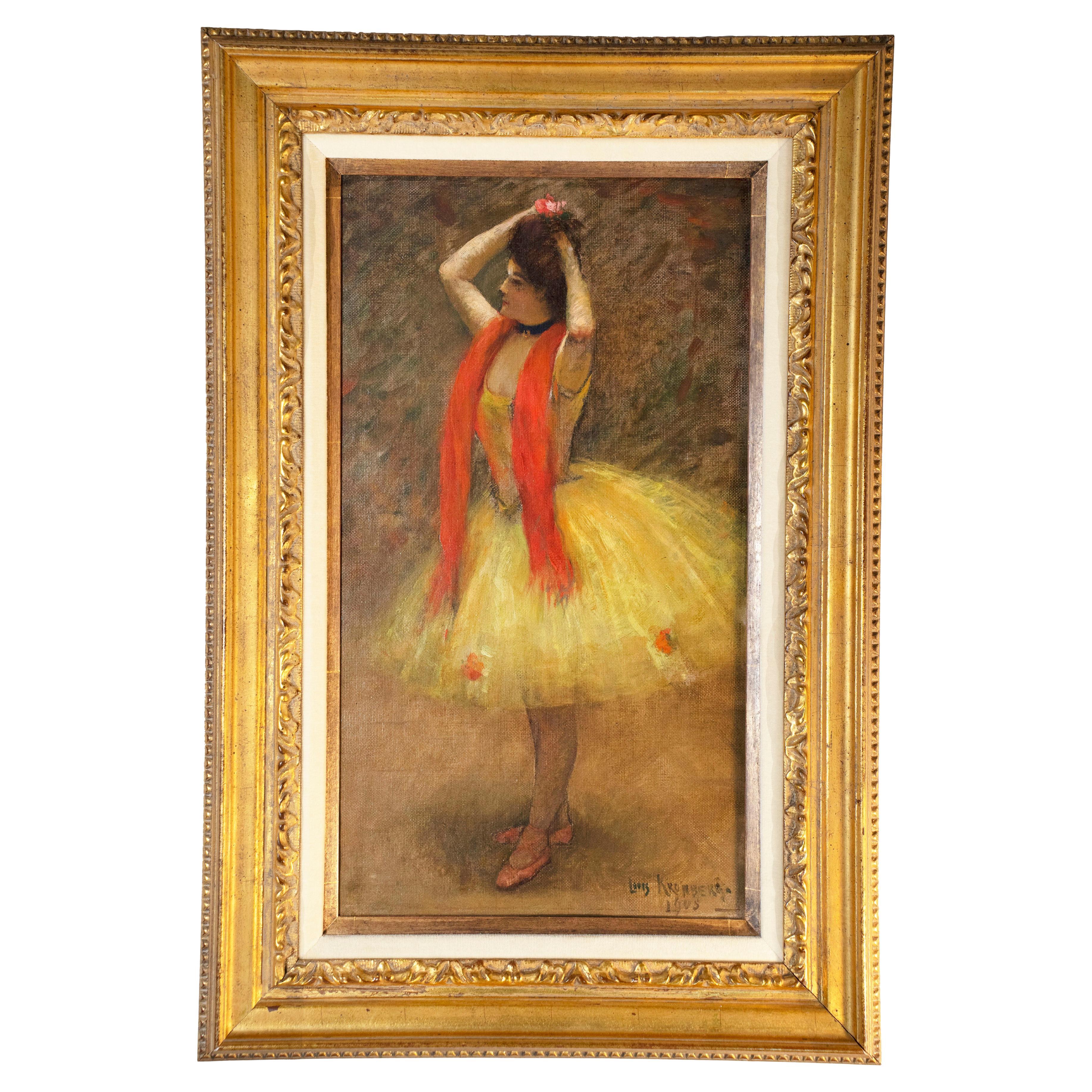 Pintura al óleo de Louis Kronberg, estadounidense (1872-1965) Bailarina de ballet en amarillo en venta