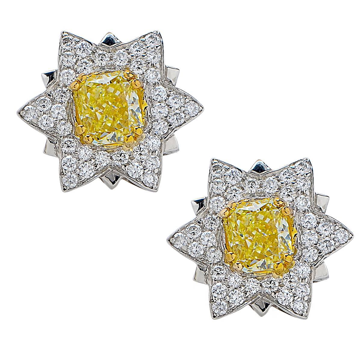 1.98 Carat Fancy Yellow Diamond Platinum Stud Earrings