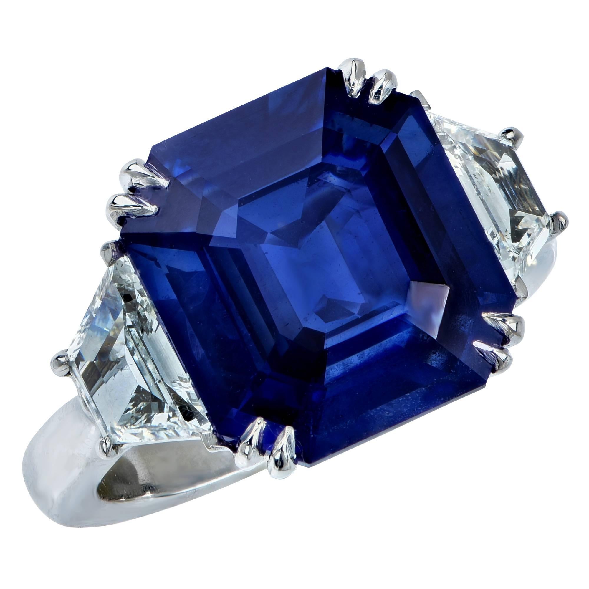 8.24 Carat Natural Deep Blue Step Cut Sapphire Diamond Platinum Ring