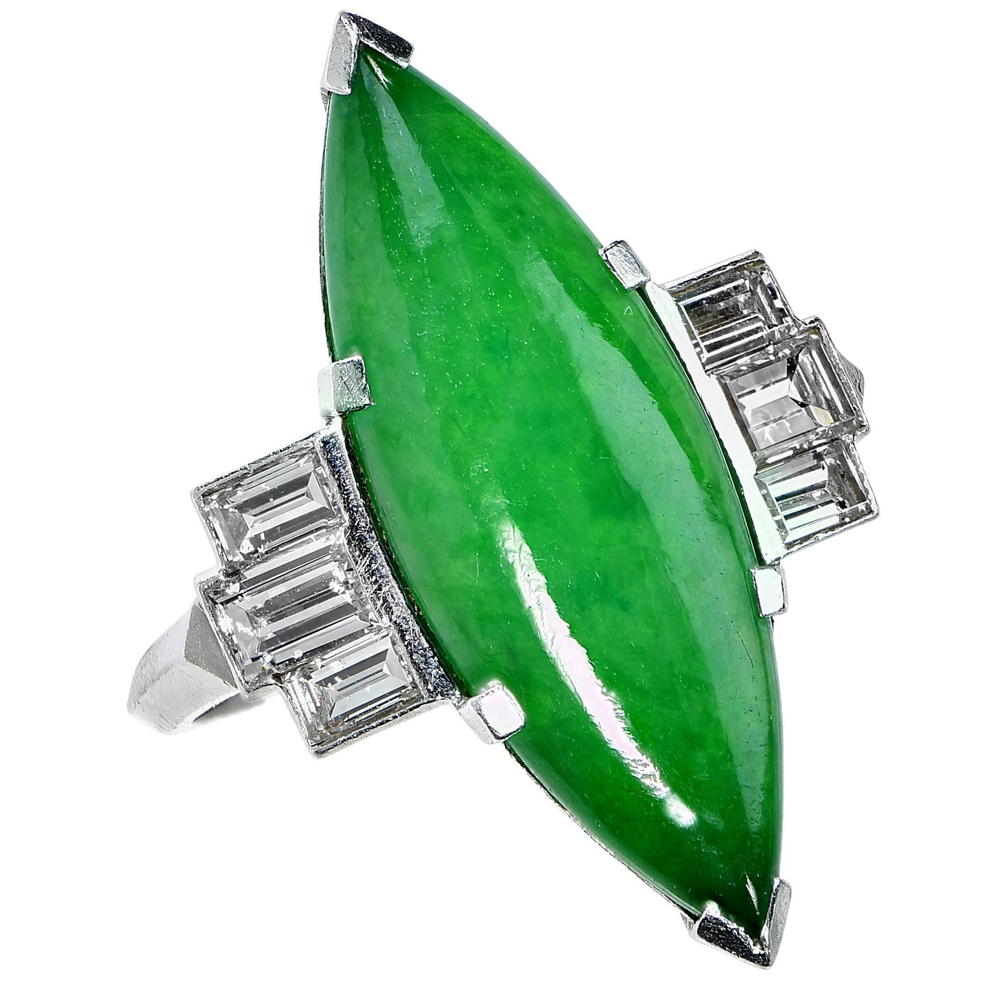 Circa 1950s GIA Graded Natural Jadeite Jade Diamond Platinum Ring For Sale