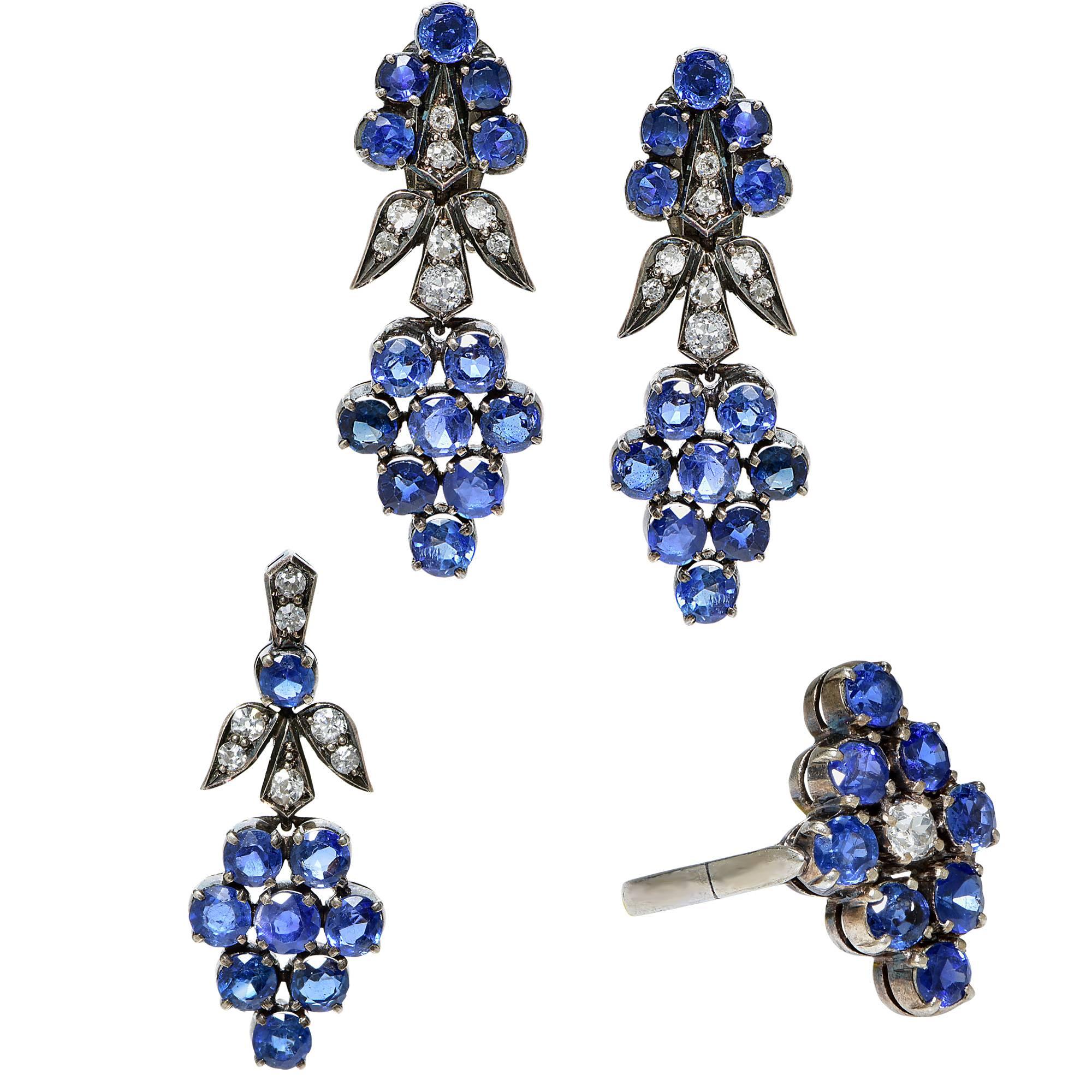 Antique Sapphire Diamond Silver Earring Set 3