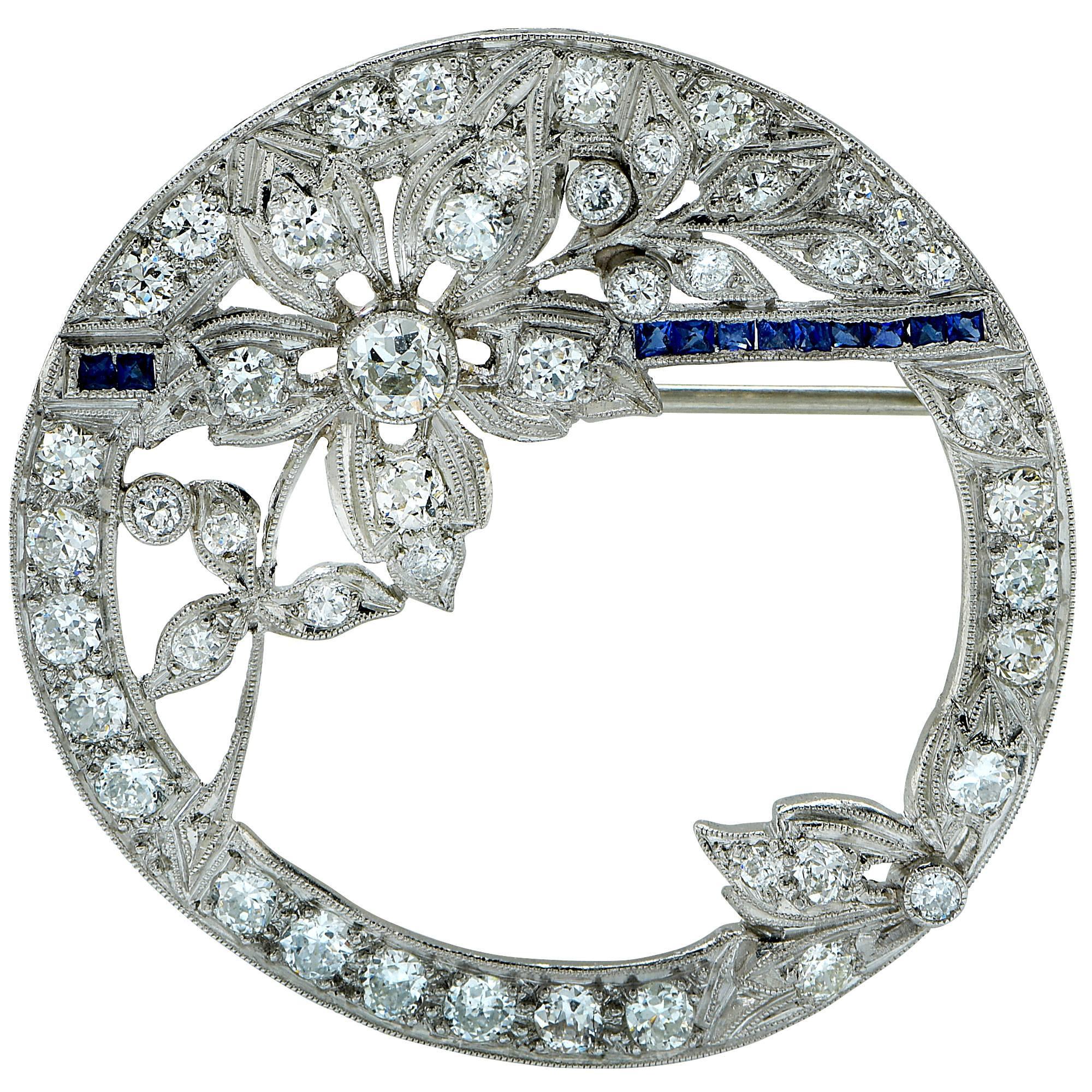 2 Carat Sapphire Diamond Platinum Brooch