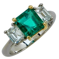 2.13 Carat Emerald and 1.05 Carat Diamond Three Stone Ring