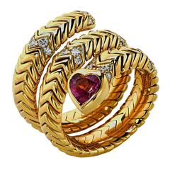 Bulgari Diamond Tourmaline Gold Spiga Snake Ring