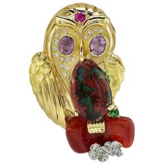 Opal Quartz Diamond Gold Owl Brooch