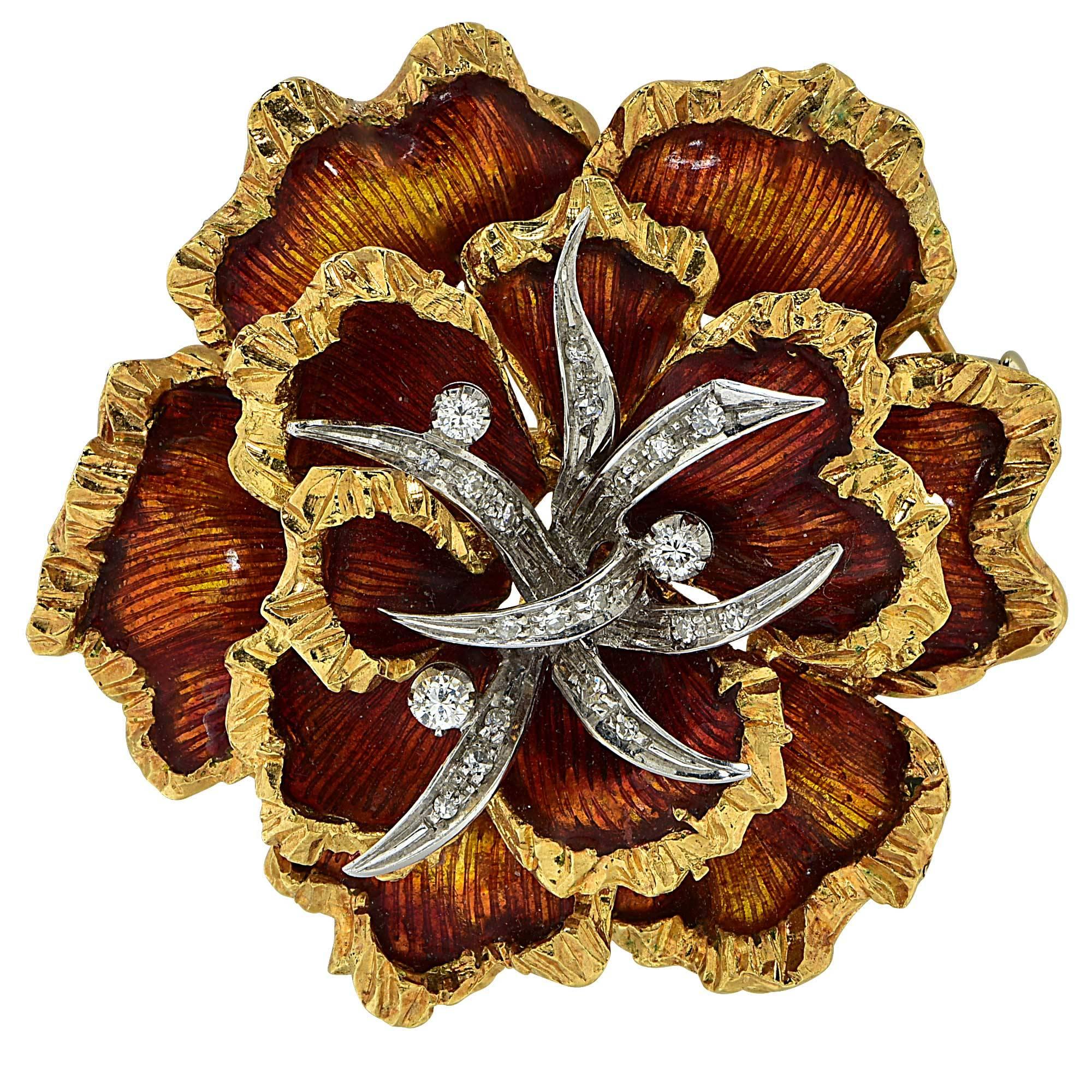 Toliro Enamel Diamond Gold Brooch