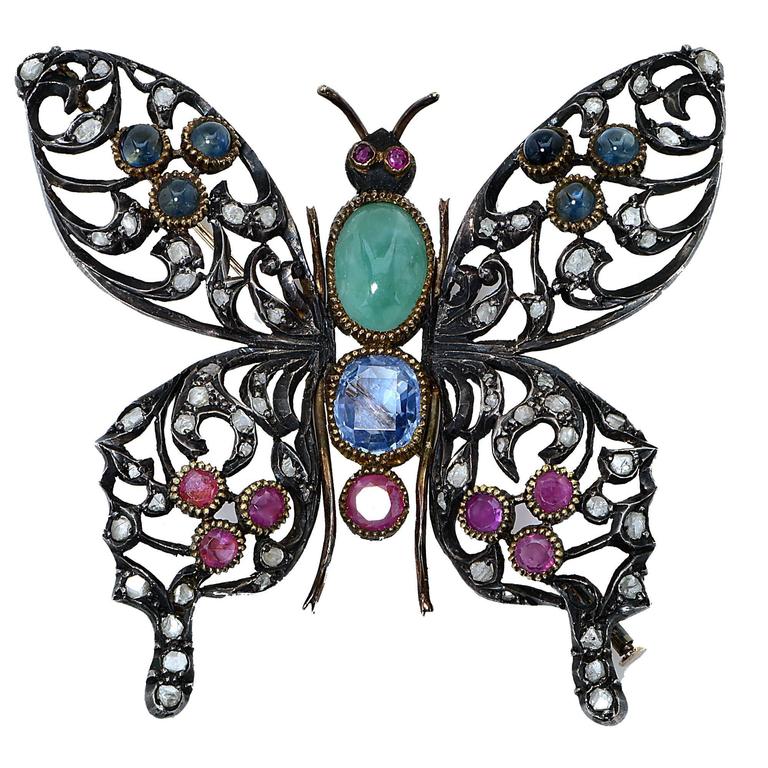 Ruby Sapphire Silver Butterfly Brooch For Sale