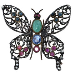 Vintage Ruby Sapphire Silver Butterfly Brooch