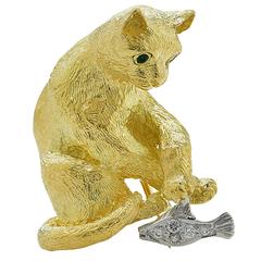 Tiffany & Co. Emerald Diamond Gold Cat Brooch