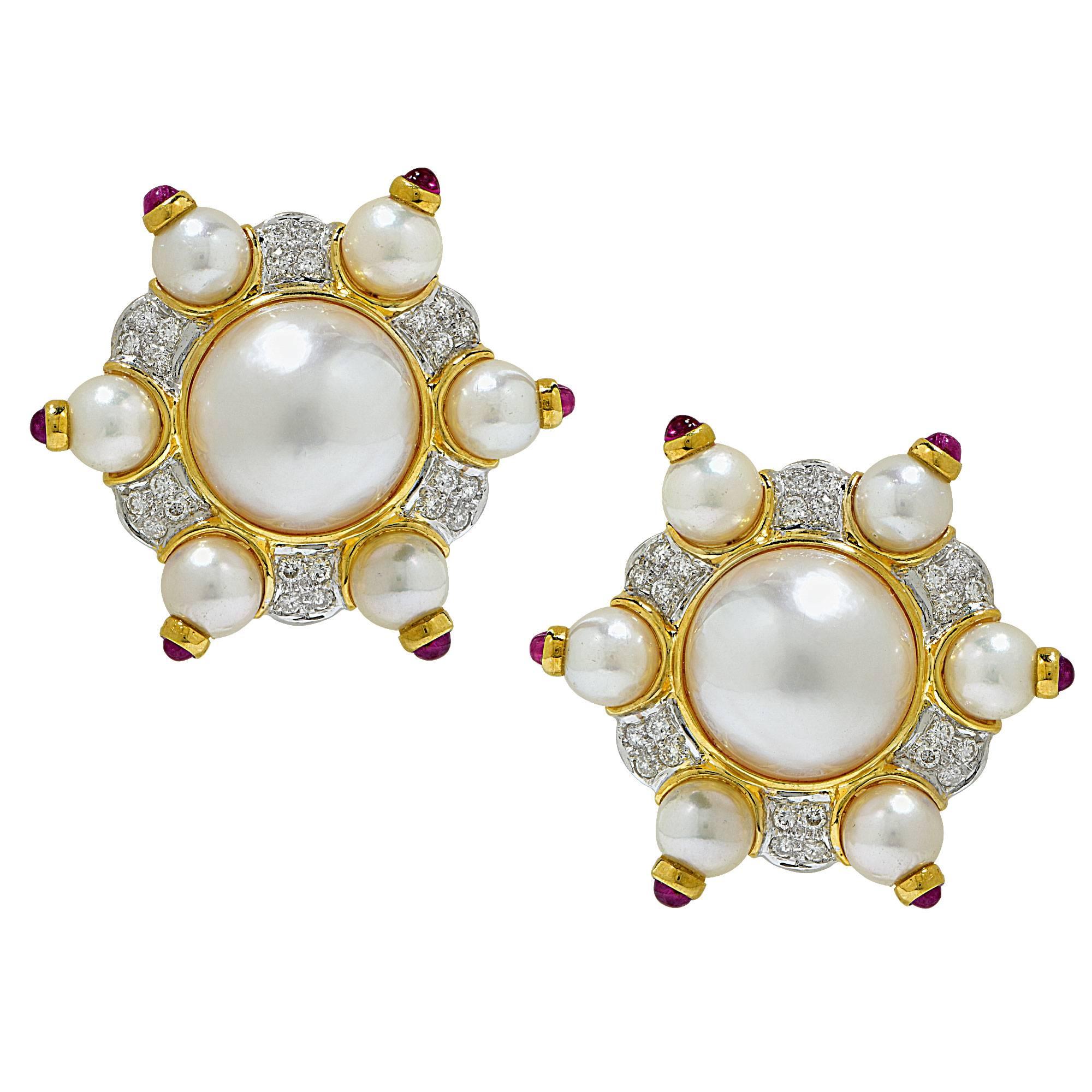 Mabe and Akoya Pearl Ruby Diamond Gold Earrings