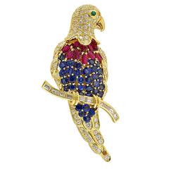 Sapphire Ruby Emerald Diamond Gold Bird Brooch