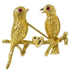 Gold Ruby Love Birds Brooch