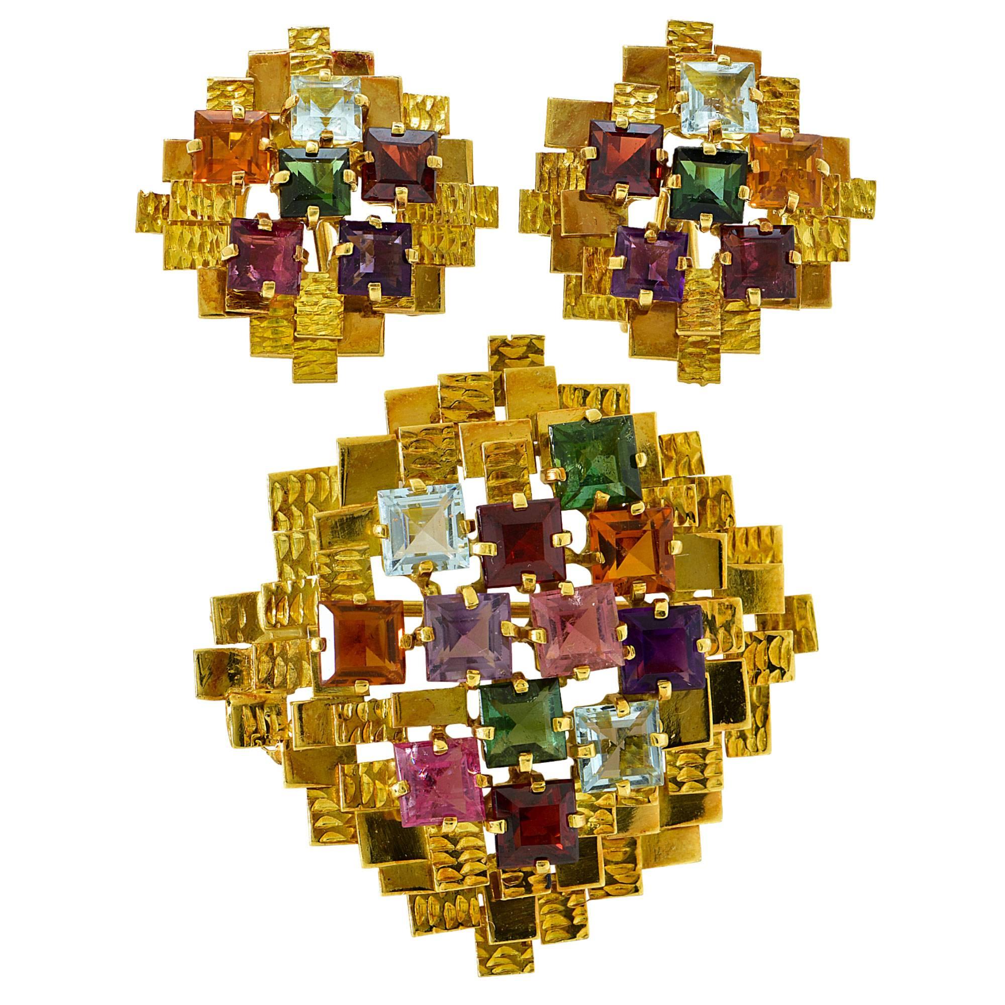  Gold Tourmaline Earrings and Brooch Set