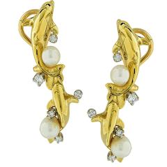 Wyland Limited Edition Pearl Diamond Gold Double Dolphin Earrings