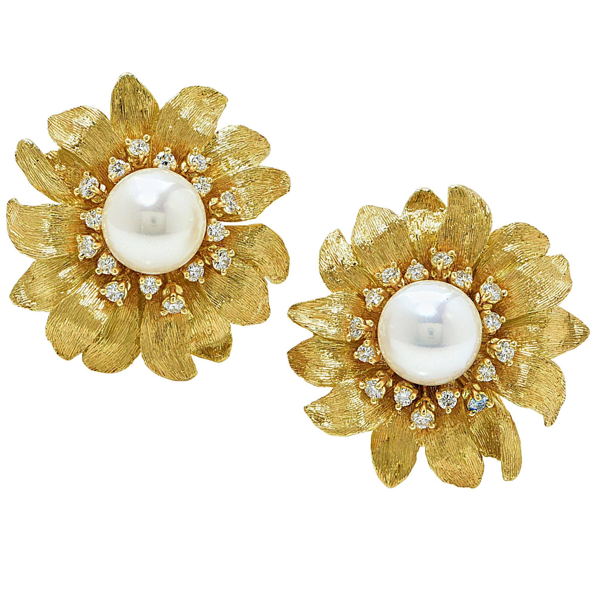 Bielka Pearl Diamond Gold Sunflower Earrings